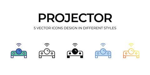 projector Icon Design in Five style with Editable Stroke. Line, Solid, Flat Line, Duo Tone Color, and Color Gradient Line. Suitable for Web Page, Mobile App, UI, UX and GUI design.