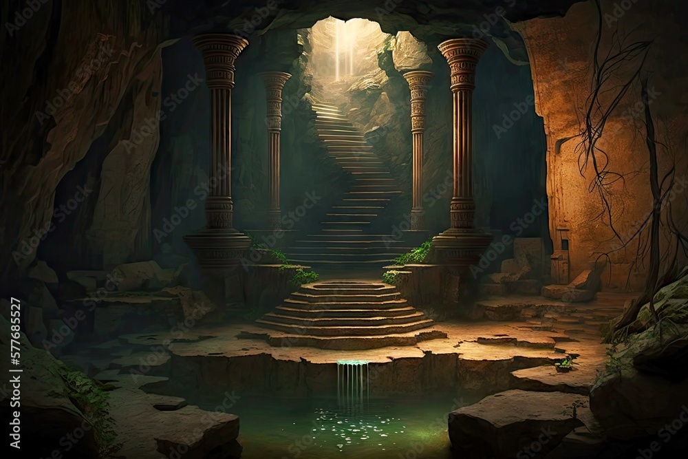 Poster dark ancient cistern with continuous steps to water in middle of cave, created with generative ai