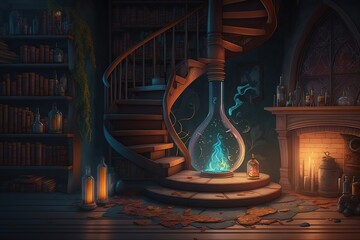 Witch or wizard alchemical laboratory with magic  glow. Ai. Alchemist lab interior with wooden furniture and spiral staircase