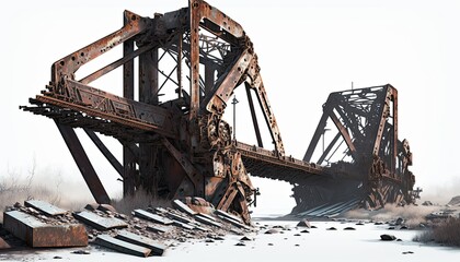 Fototapeta na wymiar Ruined damaged rust bridge, post apocalypse object