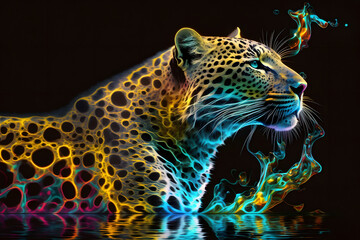 Portrait Of Mystical Fractal Leopard In Water. Generative AI