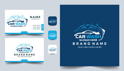 Car wash and Detailing vector logo template illustration with business card design 