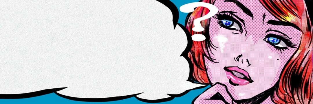 Wide size color illustration of beautiful woman with red hair in 60's American comic style tilting her head in doubt.