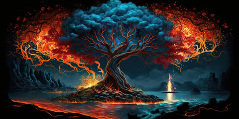 beautiful banner of a magical tree in a fantasy landscape, Generative AI