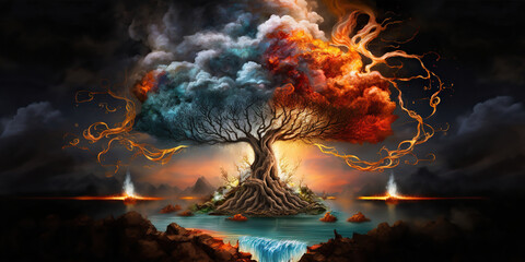 Magical fantasy tree of the elements, fire, water, earth, air, Generative AI