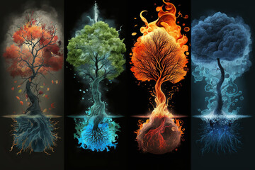 four trees that represent the elements, fire water, earth, air, Generative AI