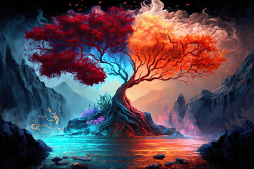Magical tree in a fantasy landscape, Generative AI