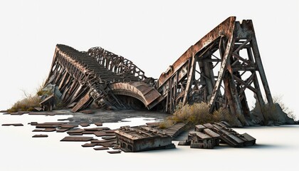Ruined damaged rust bridge, post apocalypse object