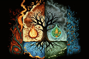 Beautiful tree of the elements concept, fire, water, earth, air, Generative AI