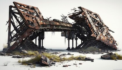 Ruined damaged rust bridge, post apocalypse object - obrazy, fototapety, plakaty