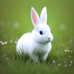 Naklejka premium Beautiful white, fluffy baby rabbit sitting in green grass, Generative AI