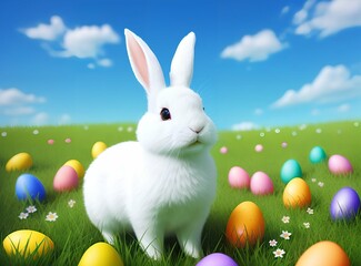 White rabbit sitting in green grass with colorful Easter eggs on green trees and blue sky background, Generative AI