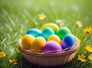 Fototapeta premium many colorful Easter eggs in basket staying in green grass with flowers and blue sky background, Generative AI