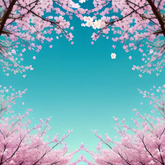 tree blossom branches on blue background with copy space, Generative AI, top view