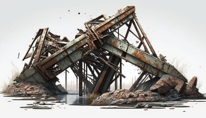 Fototapeta na wymiar Ruined damaged rust bridge, post apocalypse object