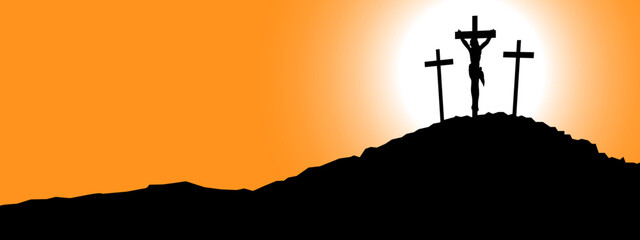 Naklejka premium Good friday Easter background panorama vector illustration - Silhouette of Crucifixion of Jesus Christ in Golgota / Golgotha jerusalem israel, with sunrise sunbeams and three crucefix crosses