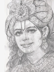 Lord Shri Krishna Face pencil sketch. Happy Janmashtami, vector illustration
