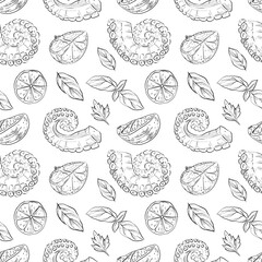 Seafood seamless pattern, hand drawn sketch