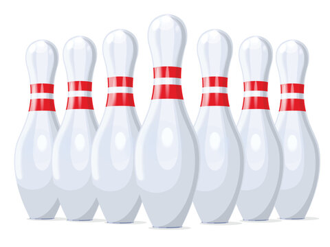 Bowling pins on bowling alley line. Illustration of bowling strike. Vector Template for poster of Sport competition