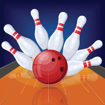 Red Bowling Ball crashing into the pins on bowling alley line. Illustration of bowling strike. Vector Template for poster of Sport competition