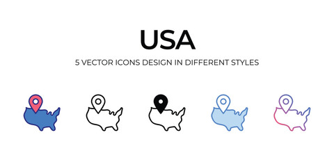 usa Icon Design in Five style with Editable Stroke. Line, Solid, Flat Line, Duo Tone Color, and Color Gradient Line. Suitable for Web Page, Mobile App, UI, UX and GUI design.