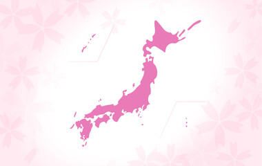 サクラが散らばる背景と桜色に染まった日本地図