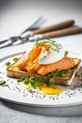 Toast with salmon and poached egg, Generative AI