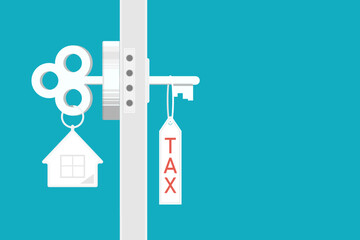 Housing tax concept, Key housing with open door on isolated background, Digital marketing illustration.