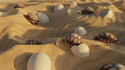 Fototapeta na wymiar Baby sulcata torotise are borned and move from the egg on the sand druin landscape with 3d rendering.