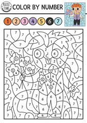 Vector color by number activity with cute boy in smart suit with flowers. Marriage ceremony scene. Black and white counting game or coloring page with little wedding guest for kids.