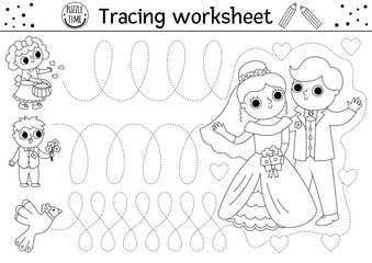 Vector wedding handwriting practice worksheet. Marriage ceremony printable black and white activity for preschool kids. Tracing game for writing skills. Coloring page with bride, groom and guests.