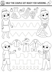 Vector wedding handwriting practice worksheet with bride and groom and clothes. Tracing game or black and white coloring page for writing skills. Help the couple get ready for marriage.