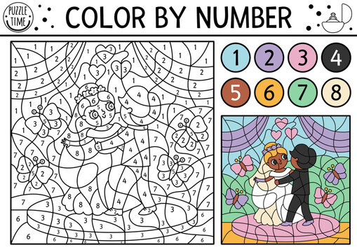 Vector wedding color by number activity with cute just married couple dancing first dance. Marriage ceremony black and white counting game, coloring page with bride and groom for kids.