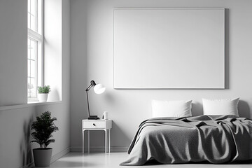 Modern bright bedroom as interior design illustration with white empty picture frame for mock-up for poster design (Generative AI)