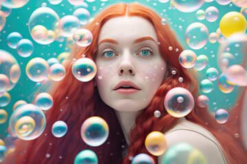 Portrait of a red-haired beautiful young woman and bubbles AI generated art