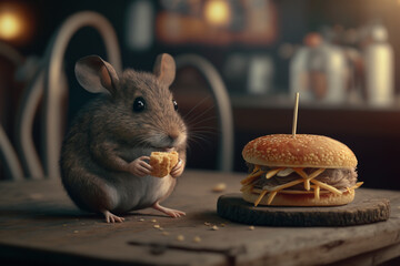 A mouse sitting next to a hamburger on a table, Generative AI