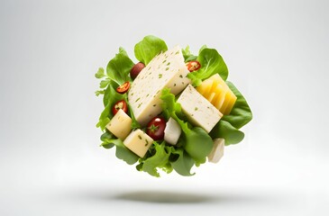 flying salad with cheese and vegetables