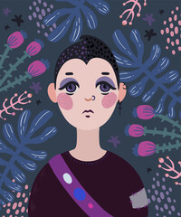 Portrait of a sad gothic girl on a floral background