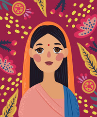 An indian woman with a pink sari on her head and a pink background with flowers
