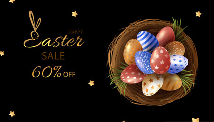 Luxury Easter egg sale horizontal banner. Easter card with gold and white realistic eggs