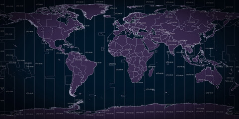 World map of country borders and time zone lines
