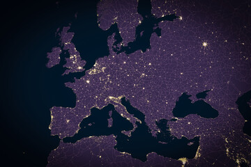 Map of Europe city lights as seen from space, overlayed with road data. Data provided by NASA