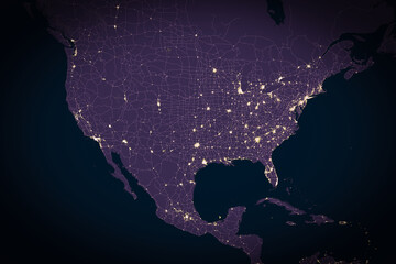 Map of North America city lights as seen from space, overlayed with road data. Data provided by NASA