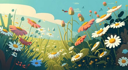 Naklejka na ściany i meble Illustration of a colorful abstract flower meadow wallpaper and background. spring background. nature flower wallpaper. abstract background. AI-Generated