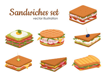 Set of delicious juicy sandwiches filled with vegetables, cheese, meat, bacon. Crispy toast, croissant and bun sandwiches vector set. Tasty snack for lunch or breakfast with fresh ingredients