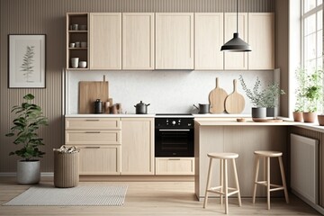 Kitchen interior japandi beige minimalism. AI generated