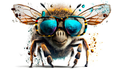 a cheerful bee in rainbow glasses and bright colors on a white background