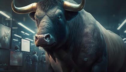 A surreal scene buzzes with excitement as a majestic bull stands poised in a sleek, modern space. Generative AI