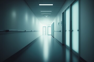 The long corridor of the hospital. Modern interior blurred background. AI generated.