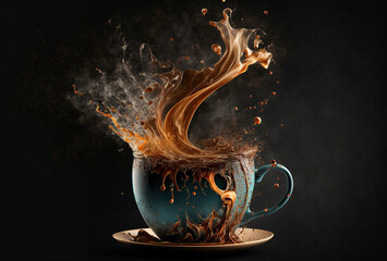 Coffee cup, splash and splatter. Burst of brown liquid, drips. Abstract illustration on dark background. AI generated.